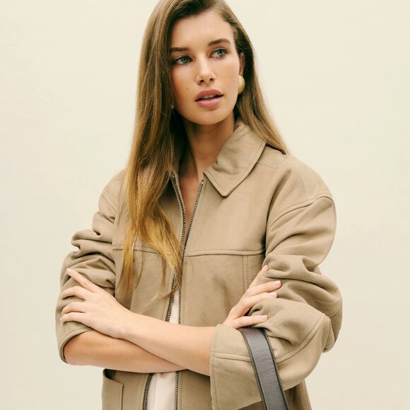 Reformation Veda Bennett Oversized Leather Bomber Natural - Size S - Picture 1 of 5